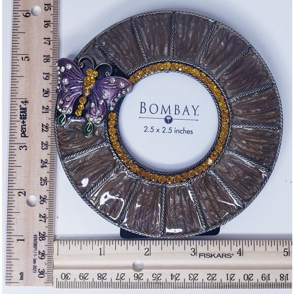 NEW ~ Vtg. BOMBAY Co. Enamel Metal 2.5"X2.5" Picture Frame Butterfly Rhinestones - Picture 3 of 4
